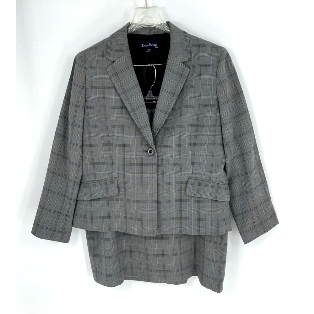 Evan Picone Womens 14P Skirt Suit Gray Window Pane Plaid Pattern One Button